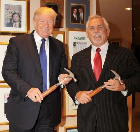 John Ratzenberger and Donald Trump holding a hammer. 