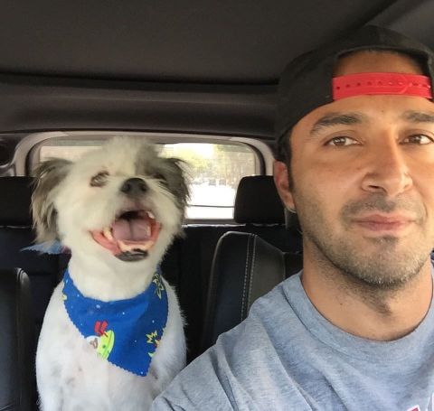 Pej Vahdat in a blue tshirt with his dog.
