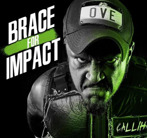Sami Callihan in black poses for the graphic wallpaper of Impact Wrestling.