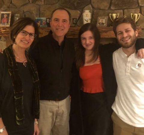 Eric Ciaramella in a white shirt with girlfriend Alexa Schiff and her family.
